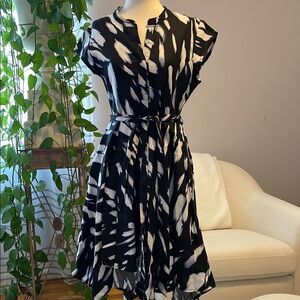 DKNY Printed tie waist Asymmetrical Dress linen with Mandarin Collar